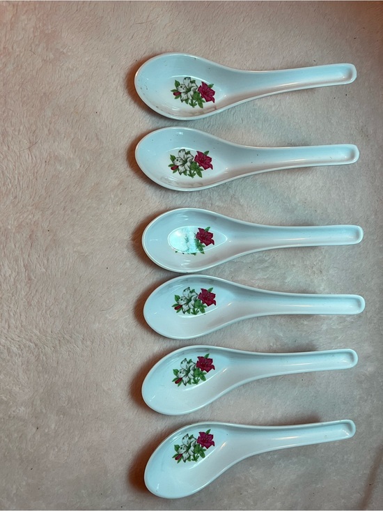 Other - White Melamine Asian Soup Spoons with Pink Floral Accent - Set of 6